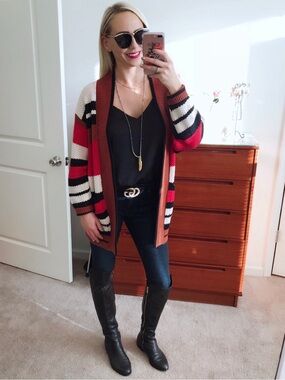 Express Open-Front Striped Cardigan Sweater - Red, Black, White, Rust